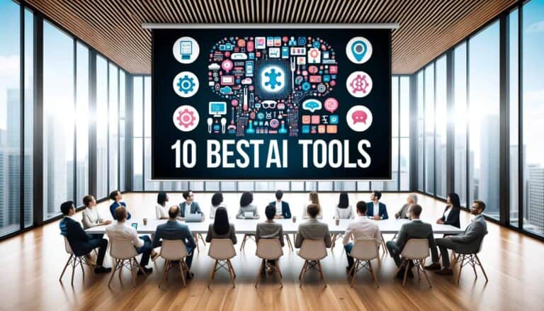 Een groep mensen in zakelijke kleding zit rond een vergadertafel in een modern kantoor en bekijkt een groot scherm met daarop "10 Best AI Tools" met kleurrijke technologie-iconen die een hersenvorm vormen.