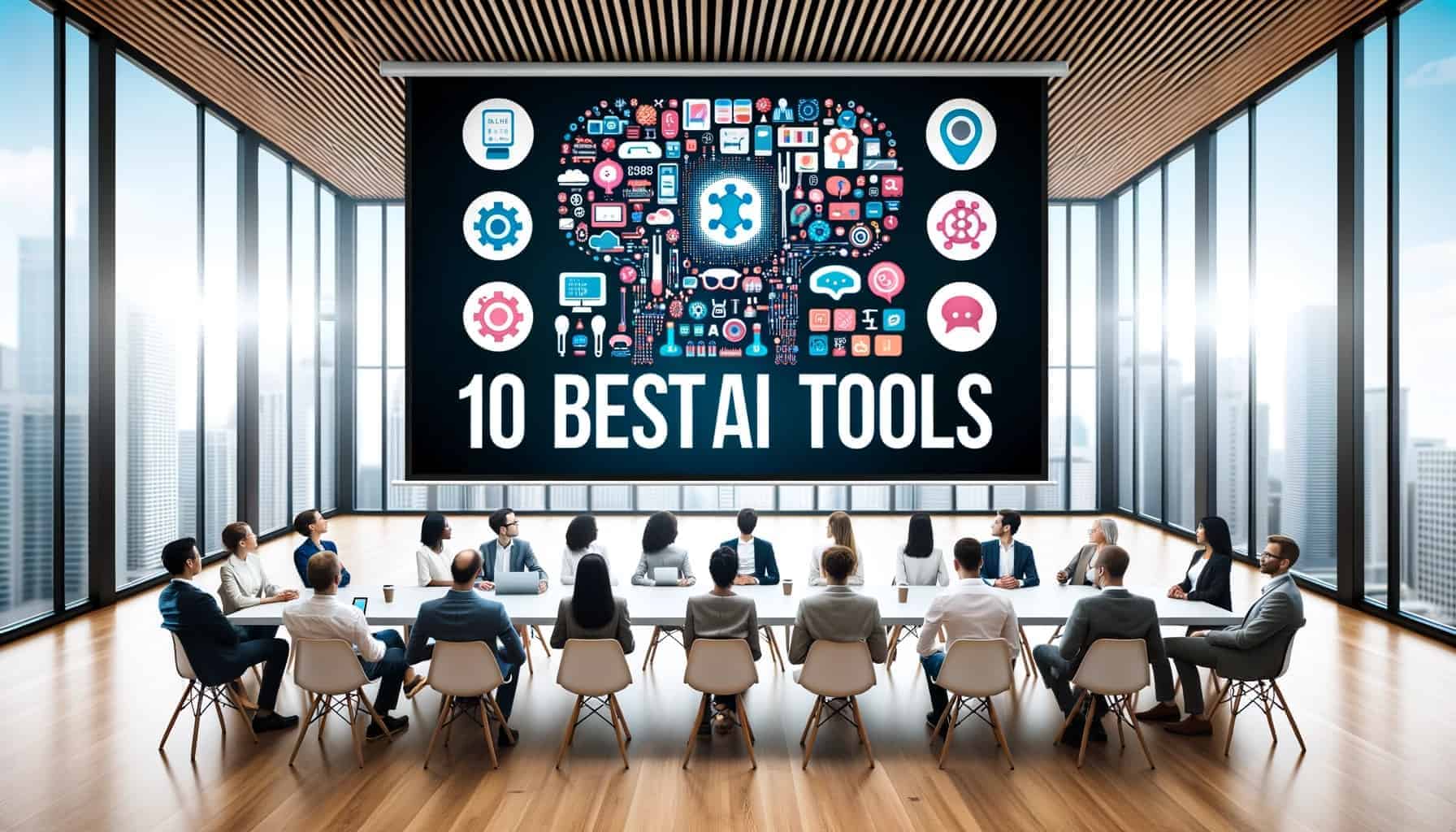 Een groep mensen in zakelijke kleding zit rond een vergadertafel in een modern kantoor en bekijkt een groot scherm met daarop "10 Best AI Tools" met kleurrijke technologie-iconen die een hersenvorm vormen.
