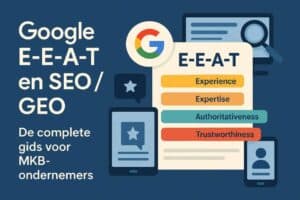 Infographic met Google E-E-A-T (Experience, Expertise, Authoritativeness, Trustworthiness) in SEO/GEO, met pictogrammen van mobiele apparaten en tekst in het Nederlands gericht op kleine ondernemers.