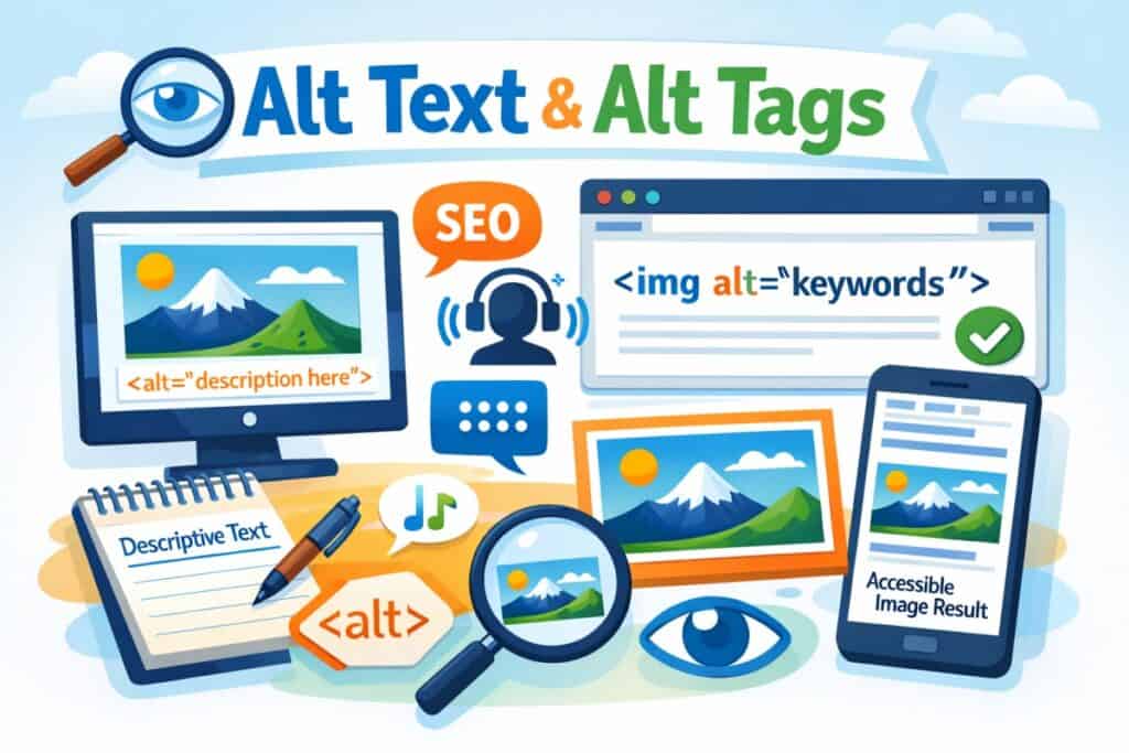 Kleurrijke illustratie met computers, een telefoon en een notitieblok met voorbeelden van alt-tekst, pictogrammen voor SEO, toegankelijkheid en trefwoorden, die allemaal het belang benadrukken van het gebruik van beschrijvende alt-tekst en alt-tags voor afbeeldingen.