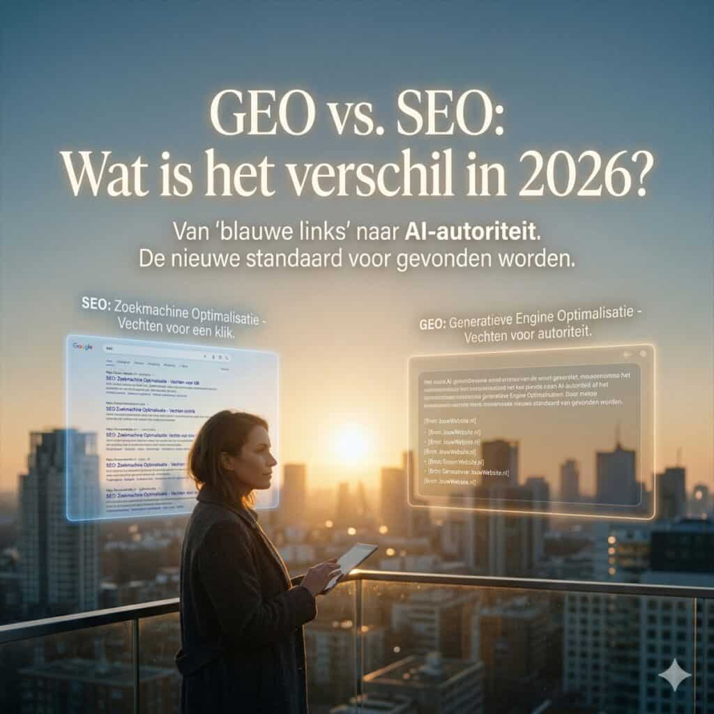 Een vrouw staat op een dak bij zonsondergang en houdt een tablet vast. Zwevende tekst in het Nederlands bespreekt de verschillen tussen SEO en GEO in 2026 en benadrukt een verschuiving van traditioneel zoeken naar AI-gebaseerde autoriteit.
