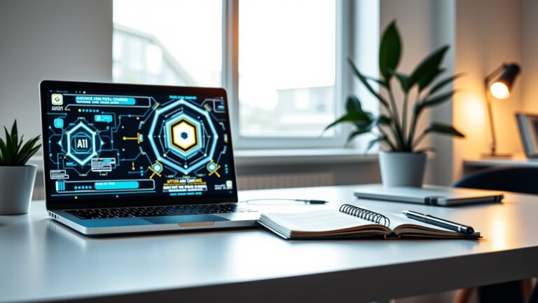 Moderne Nederlandse werkplek met laptop en notitieblok die autonome AI-handel visualiseren.