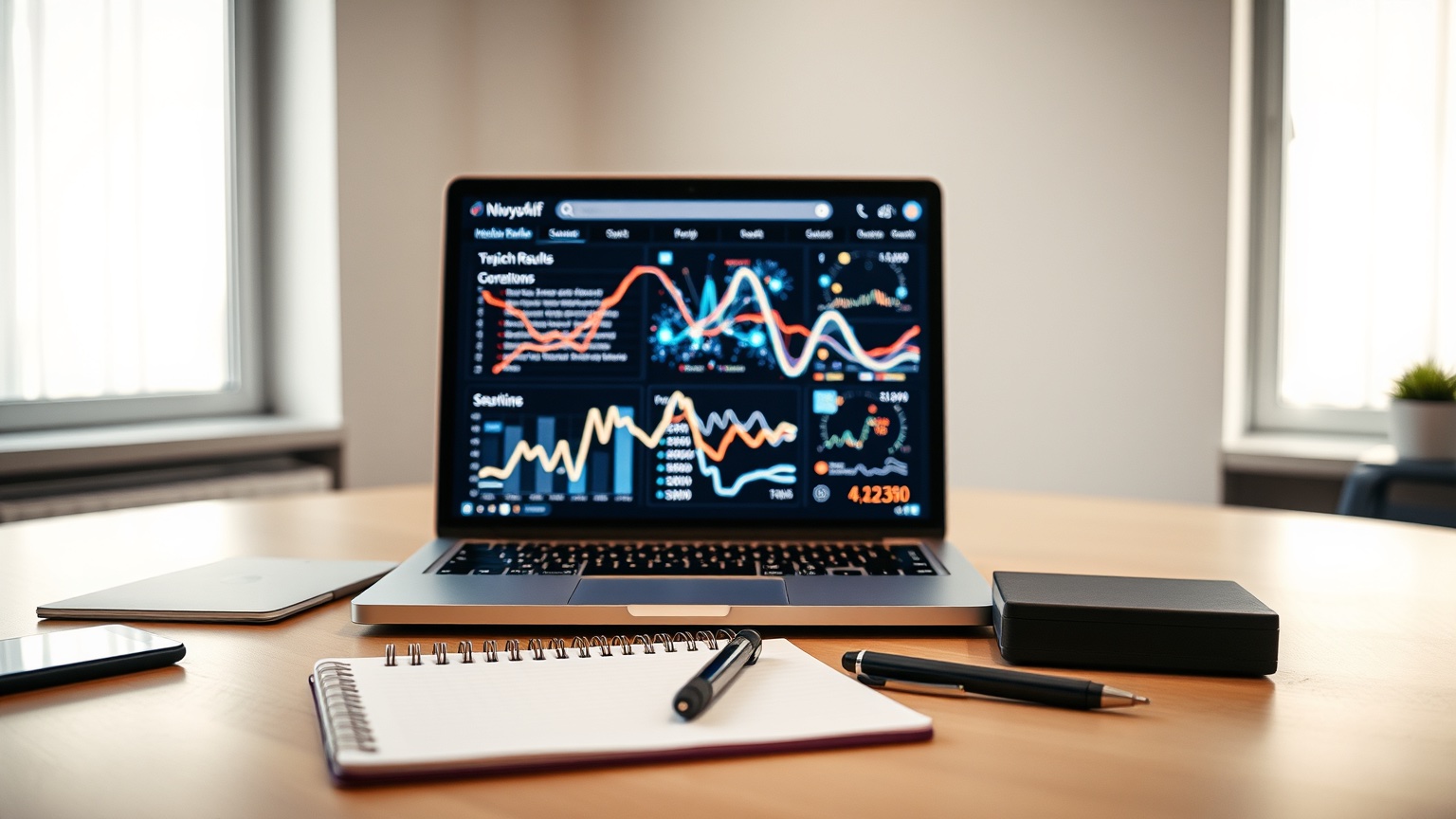Moderne Nederlandse werkplek met laptop en notitieblok die AI-visibility analytics visualiseren.