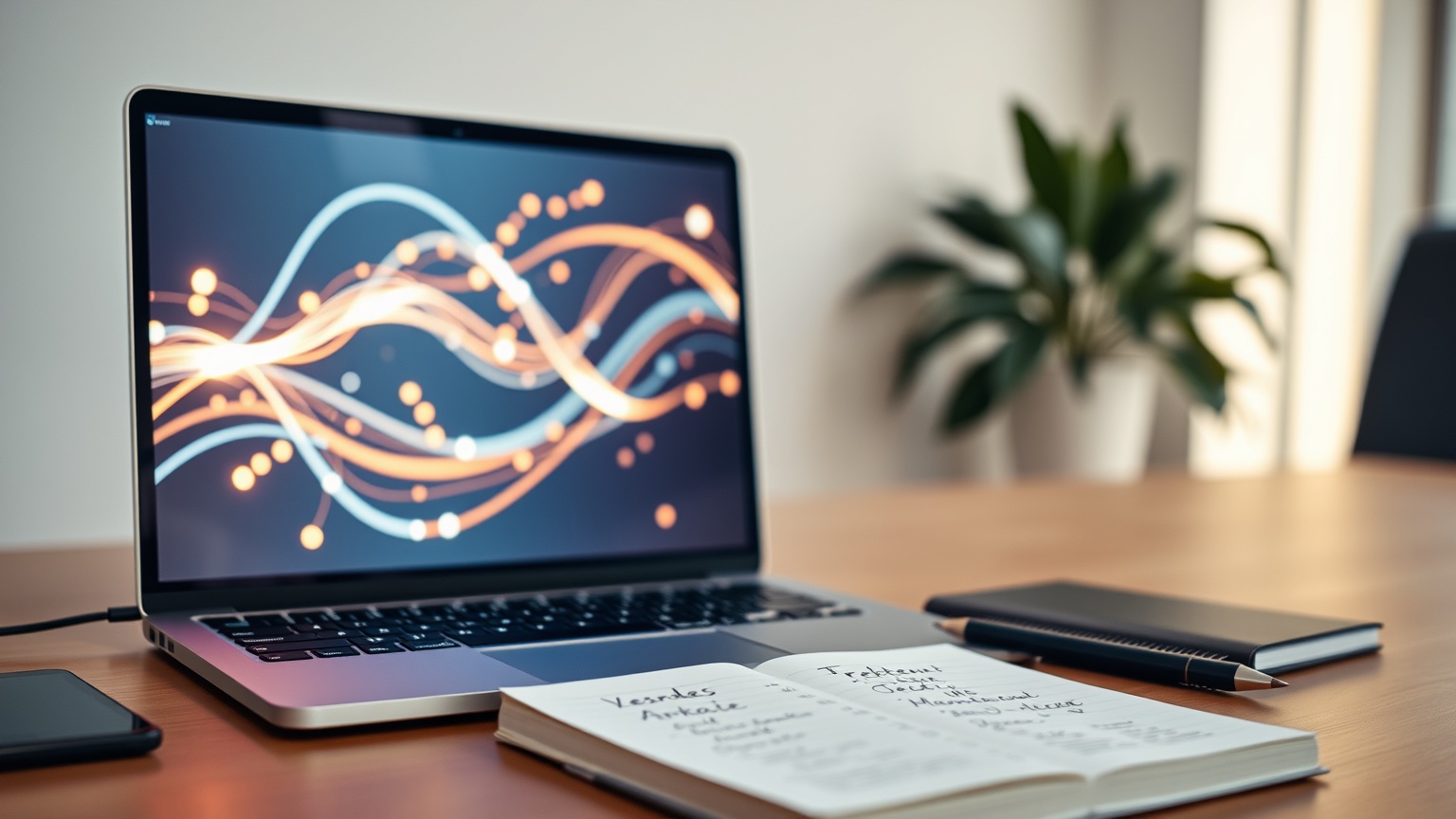 Moderne Nederlandse werkplek met laptop en notitieblok die digitale brandstrategie symboliseren.