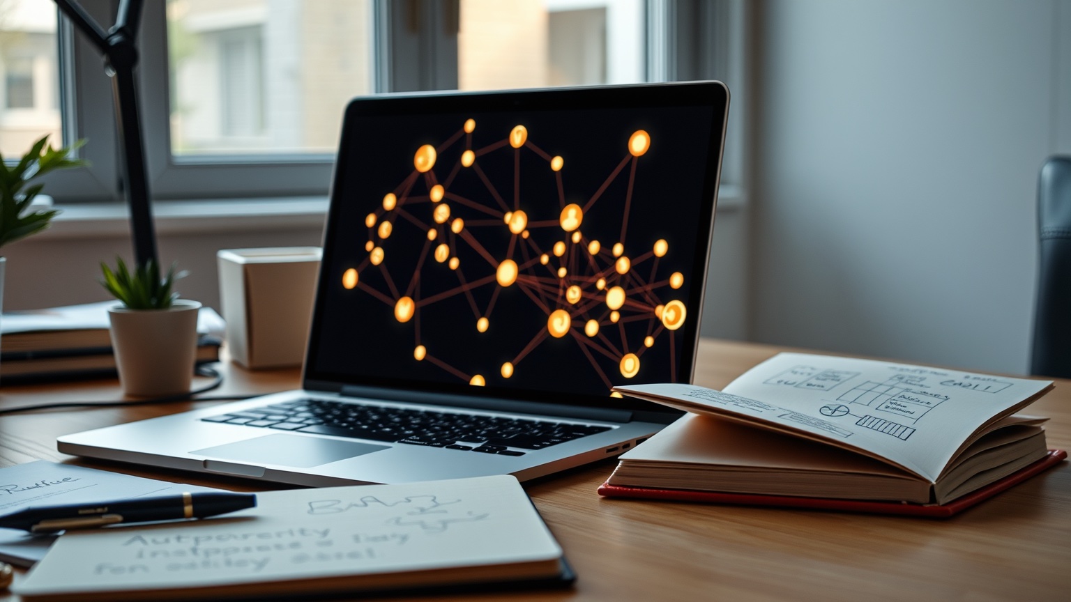 Moderne werkplek met laptop en notitieblok die abstracte AI-netwerken en entiteiten visualiseren.