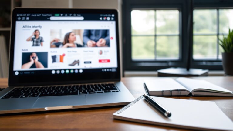 Moderne Nederlandse werkplek met laptop en notitieblok die AI product discovery visualiseren.