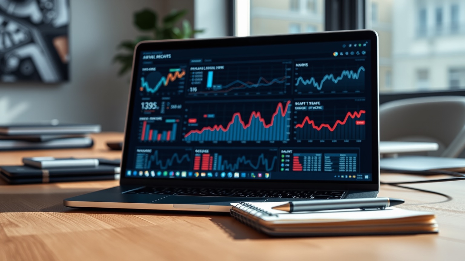 Moderne werkplek met laptop en notitieblok die abstracte datavisualisaties tonen, symbolisch voor het analyseren van