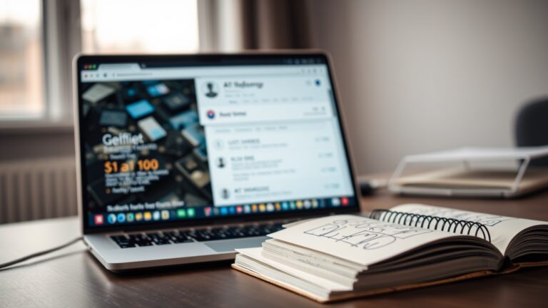 Moderne werkplek met laptop en notitieblok die een digitale strategie en AI-overzicht illustreren.