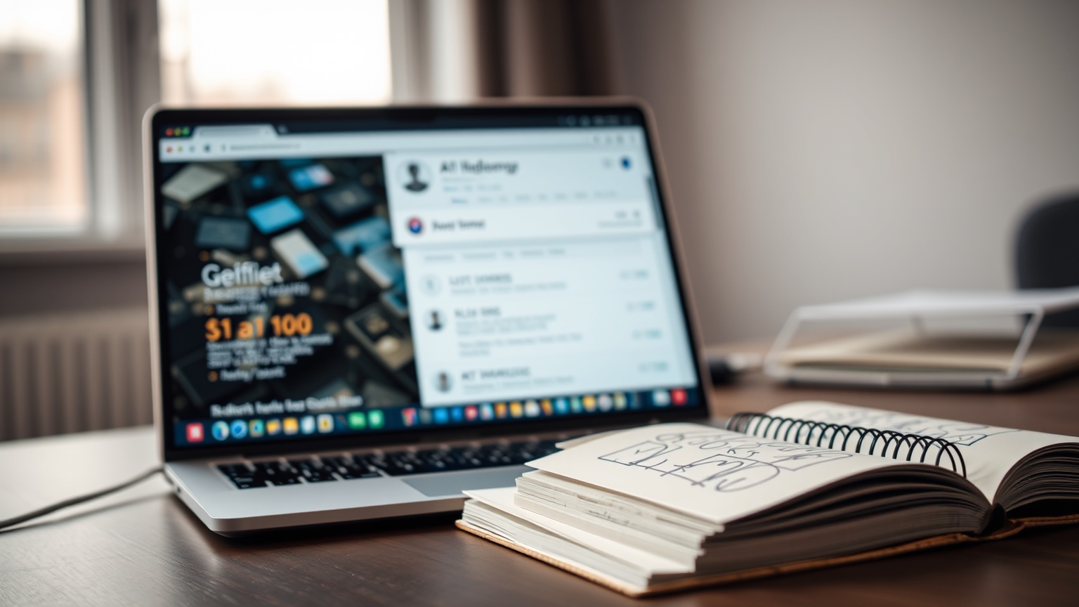 Moderne werkplek met laptop en notitieblok die een digitale strategie en AI-overzicht illustreren.