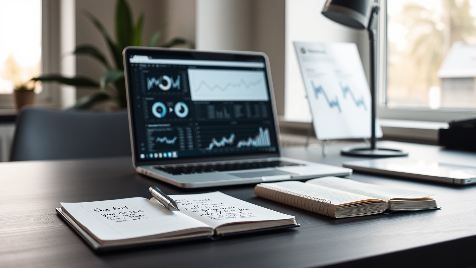Moderne Nederlandse werkplek met laptop en notitieblok, symbolisch voor SEO-strategie.