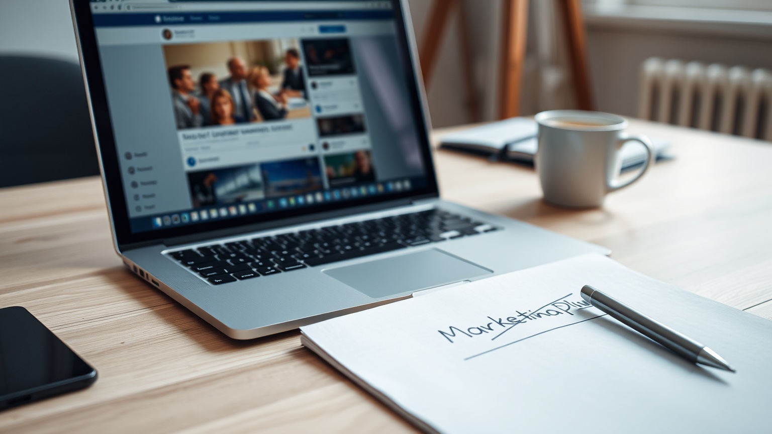 Moderne Nederlandse werkplek met laptop, notitieblok en koffie, symbolisch voor mislukte Reddit marketing.