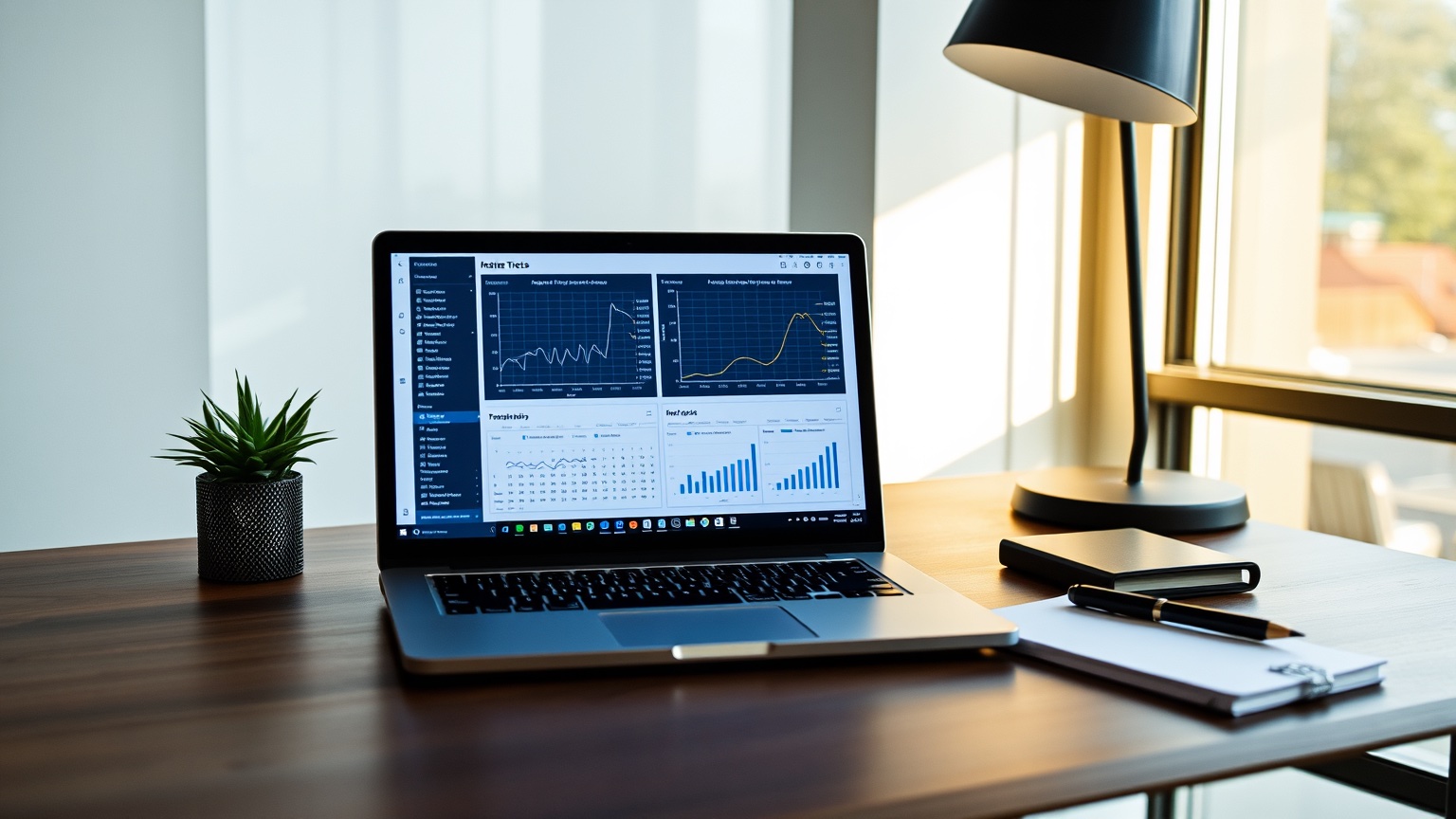 Moderne Nederlandse werkplek met laptop en notitieblok die digitale data-analyse symboliseren.