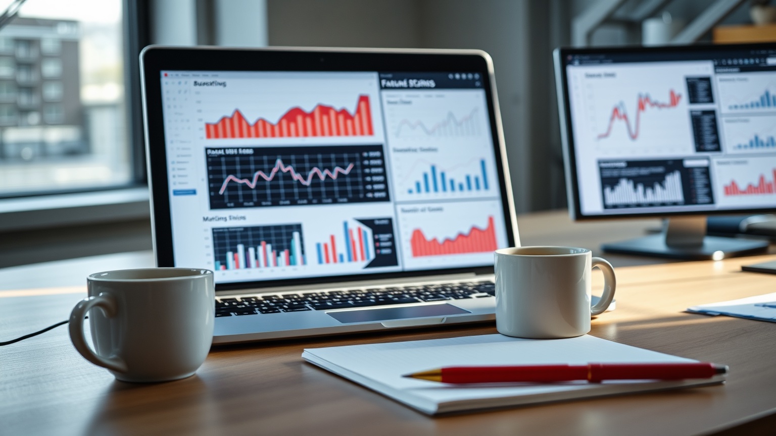 Moderne Nederlandse werkplek met laptop, koffie en notitieblok, symbolisch voor het uitbesteden van SEO.